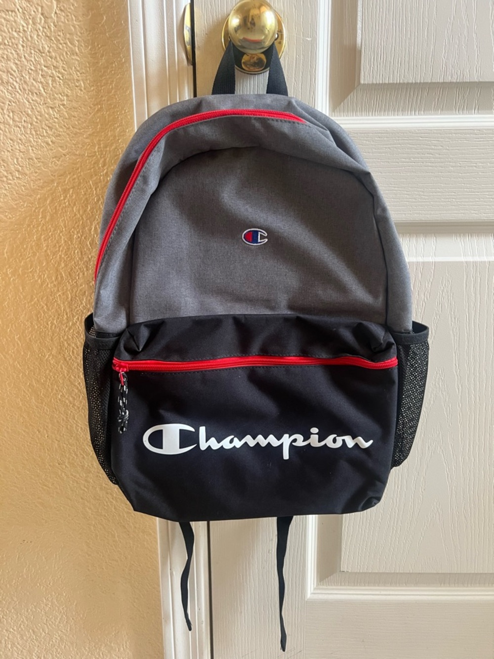 Champion Gray and Black Backpack with Red Trim